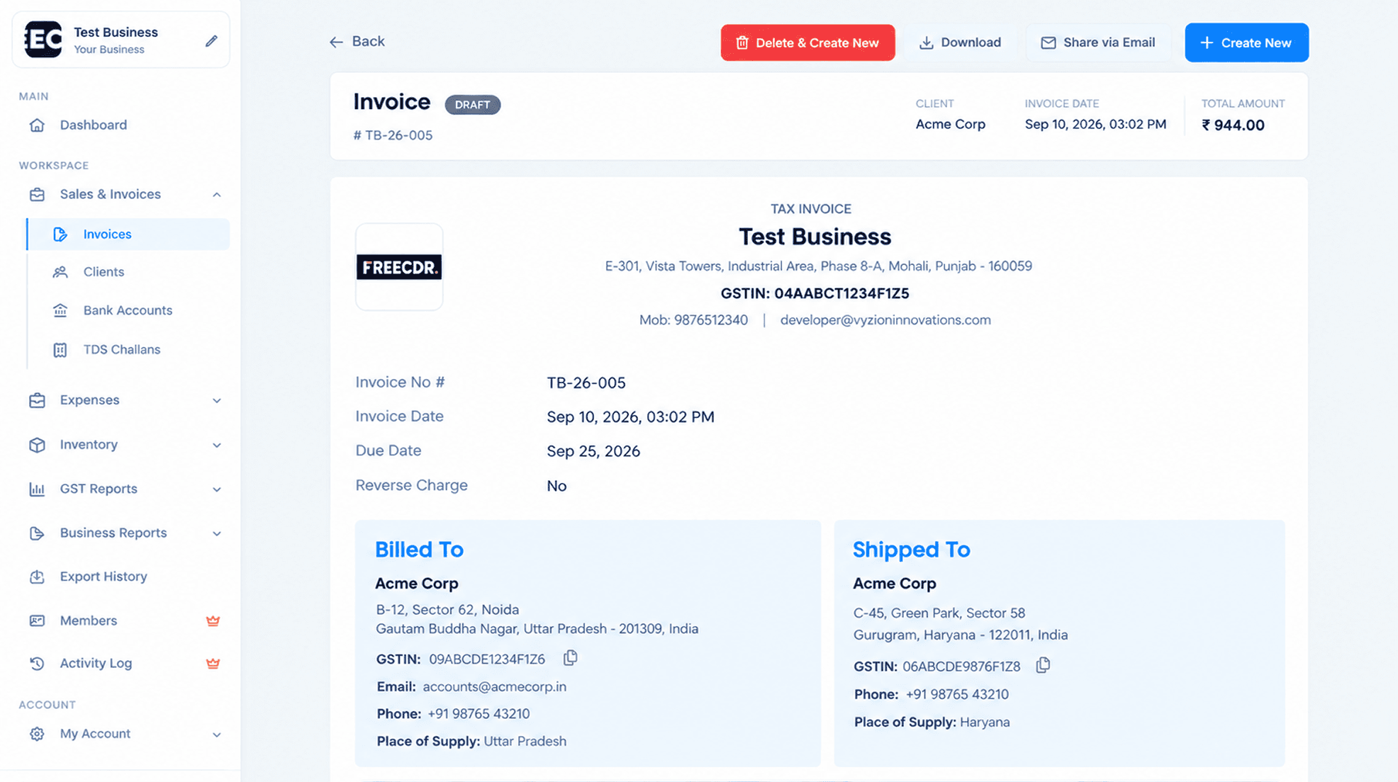 FinFolders web app showing an invoice